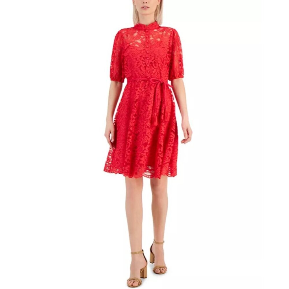 TAHARI ASL Women's Lace Puff-Sleeve Shirtdress, Hot Pink NWT